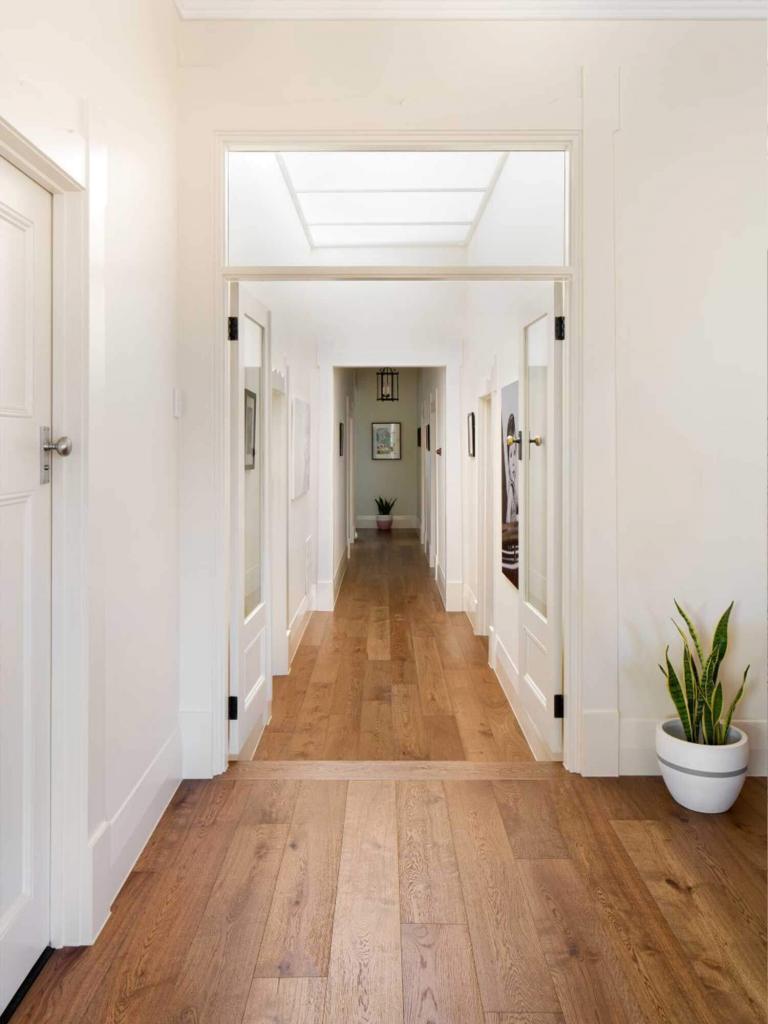 Pecan wide plank timber flooring in a completed interior